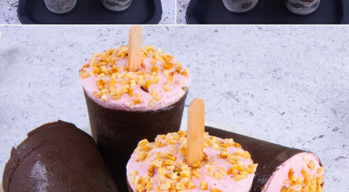 Schokoladeneis mit Joghurt und Erdbeere: ein frischer und richtig leckerer Snack!