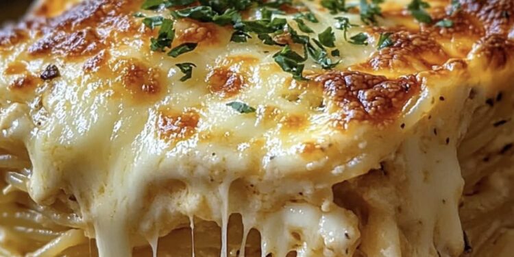 Cremig gebackene Spaghetti mit vier Käsesorten